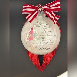 NEW Cardinal Memorial Ornament Striped Red Bow Red Wings Christmas Ornament 4”